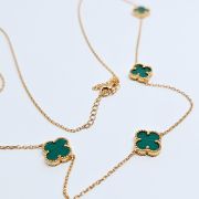 Collana donna argento 925% con 9 quadrifogli e pietre verdi e nere