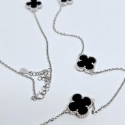 Collana donna argento 925% con 9 quadrifogli e pietre verdi e nere