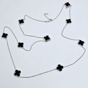 Collana donna argento 925% con 9 quadrifogli e pietre verdi e nere