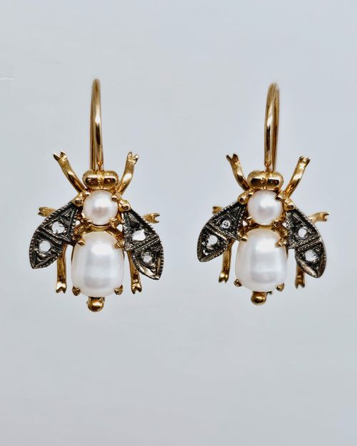 Orecchini mosca stile antico oro 375% con pietre preziose e perla