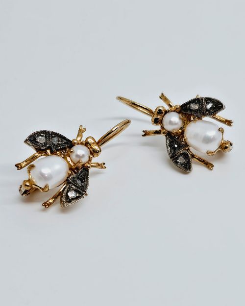 Orecchini mosca stile antico oro 375% con pietre preziose e perla
