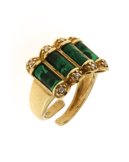 Anello in argento dorato con pietre malachite