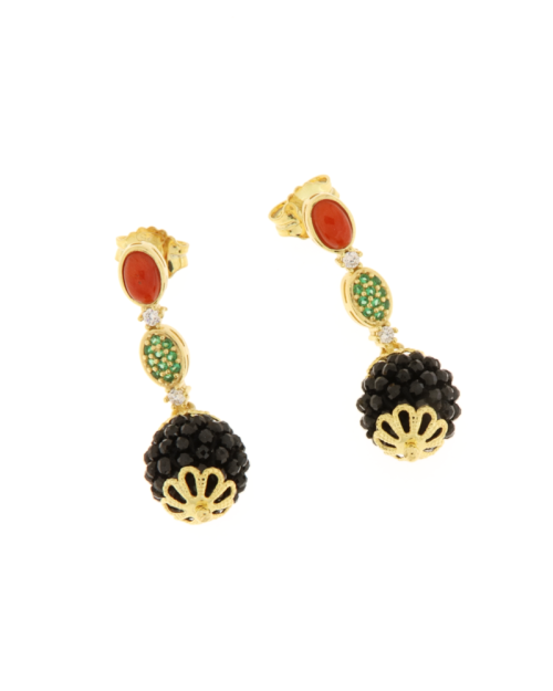 Orecchini pendenti argento 925% dorati con onice, malachite e corallo