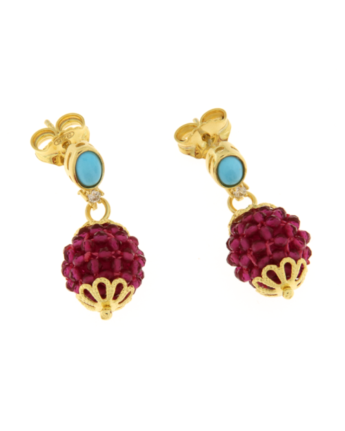 Orecchini pendenti argento 925% dorati con turchese, rubellite fucsia e zirconi